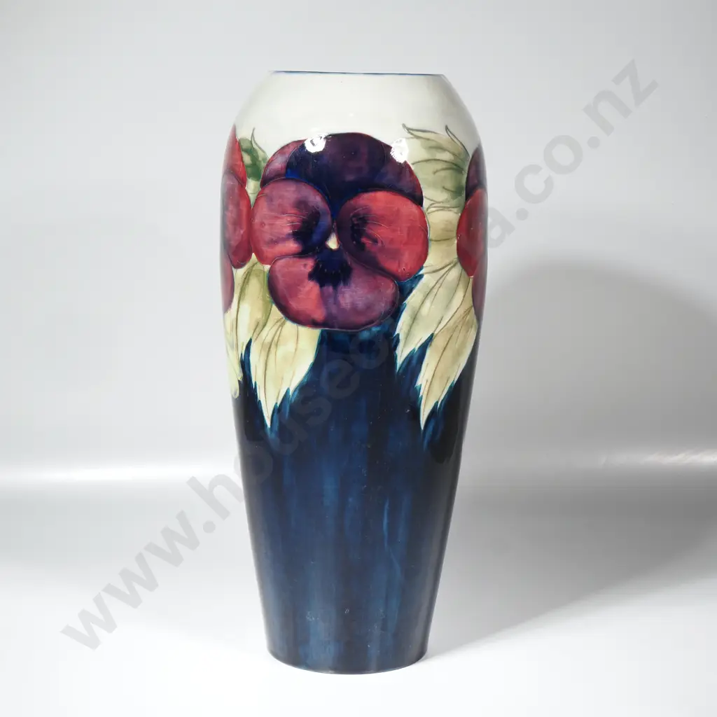 Tall William Moorcroft Pottery Vase w Hand Painted Pansy Pattern Decoration on a Cobalt Blue & Cream Ground Image 1++