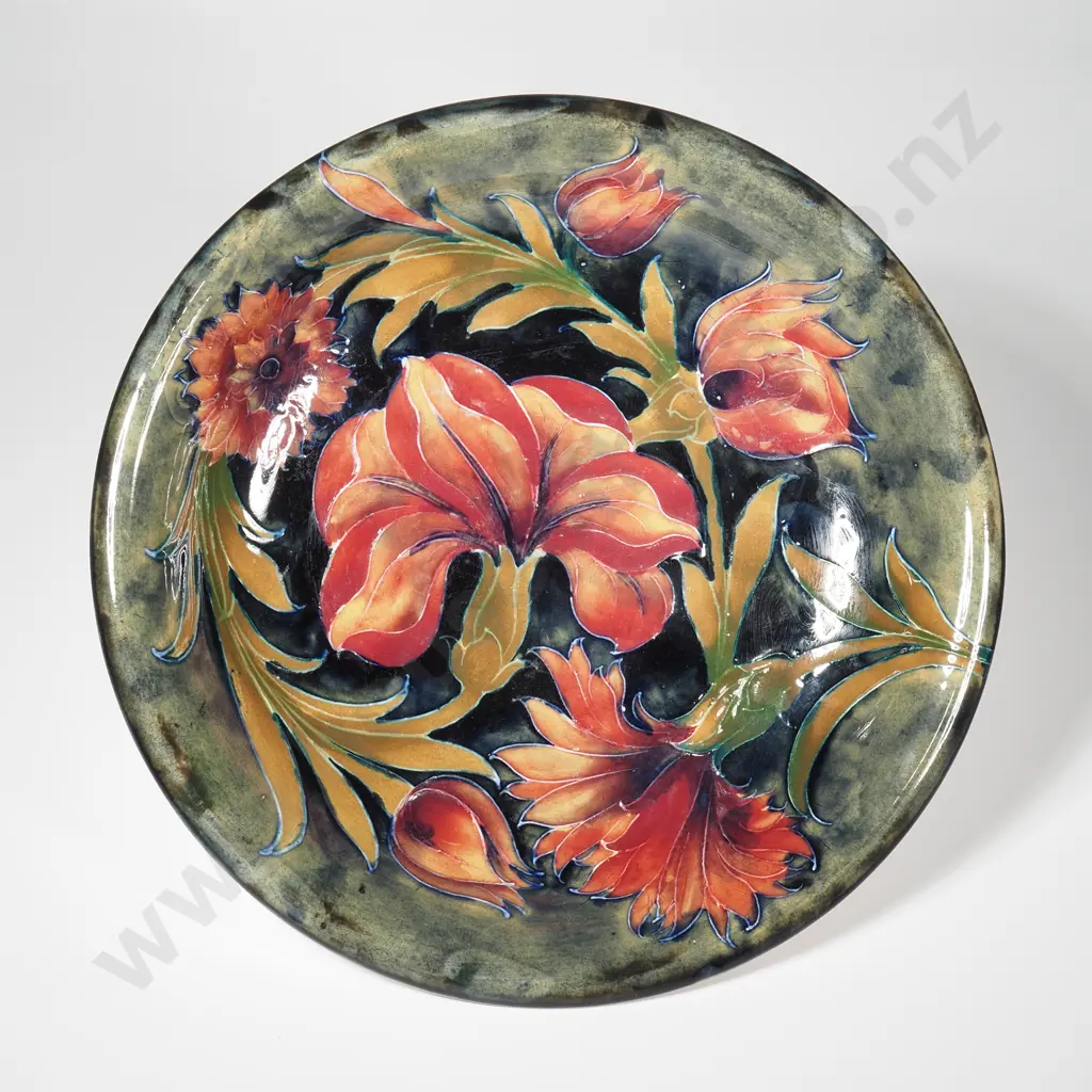 William Moorcroft Pottery Dish in the Tubelined Spanish Pattern w Green to Dark Shaded Ground, Green Signature to Base Image 1++