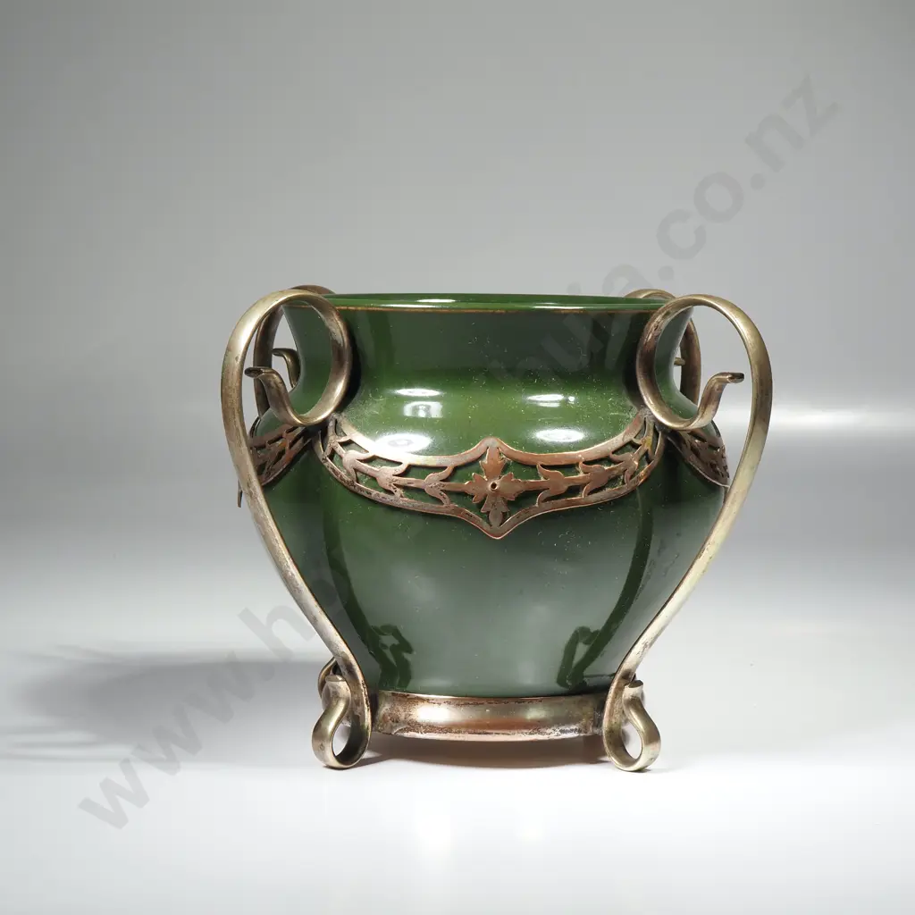 Green Ceramic Bowl w Decorative Art Nouveau Mounts Image 1++