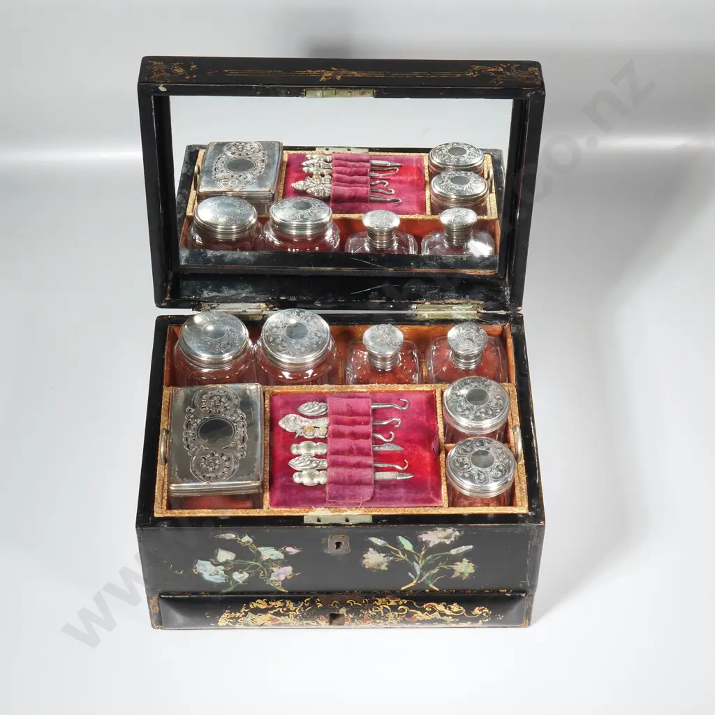 Victorian Black Lacquer Papier Mache, the Central Tier Including Manicure Items & Glass Toilet Jars w Silver Plate Lids Image 1++