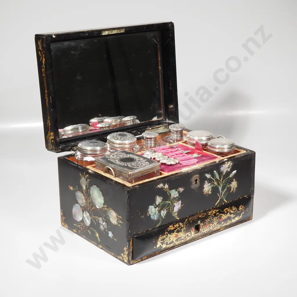 Victorian Black Lacquer Papier Mache, the Central Tier Including Manicure Items & Glass Toilet Jars w Silver Plate Lids Image 1++
