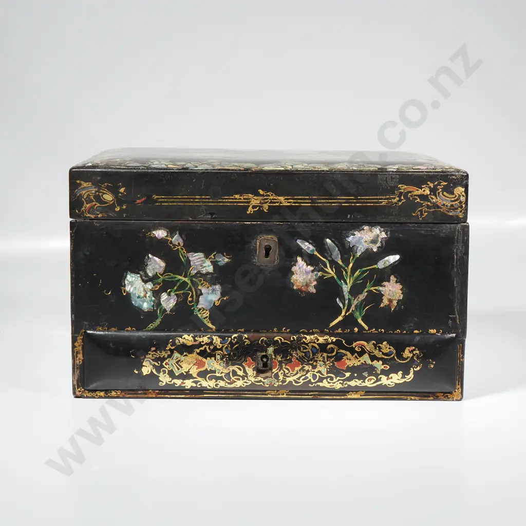 Victorian Black Lacquer Papier Mache, the Central Tier Including Manicure Items & Glass Toilet Jars w Silver Plate Lids Image 1++