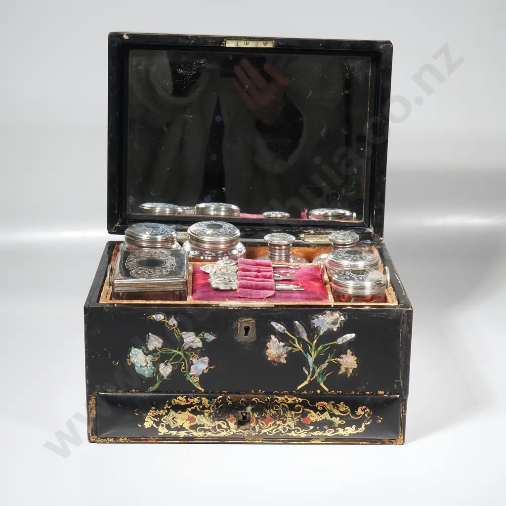 Victorian Black Lacquer Papier Mache, the Central Tier Including Manicure Items & Glass Toilet Jars w Silver Plate Lids Image 1++