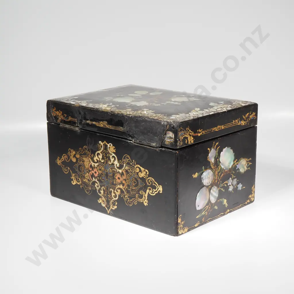 Victorian Black Lacquer Papier Mache, the Central Tier Including Manicure Items & Glass Toilet Jars w Silver Plate Lids Image 1++