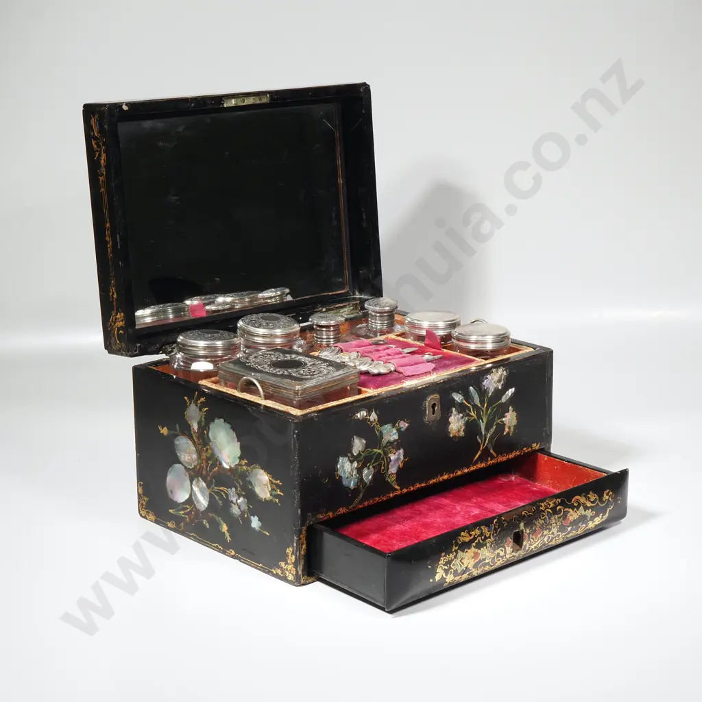 Victorian Black Lacquer Papier Mache, the Central Tier Including Manicure Items & Glass Toilet Jars w Silver Plate Lids Image 1++