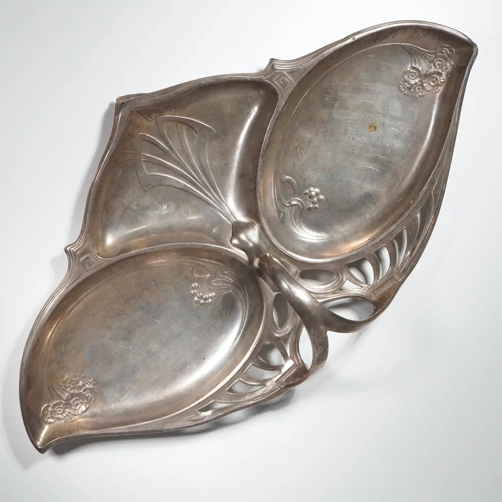 A WMF Silver Plated Jugendstil Segmented Tray, Featuring Asymmetrical Leaf Shaped Bowl & Arched Loop Handle Image 1++