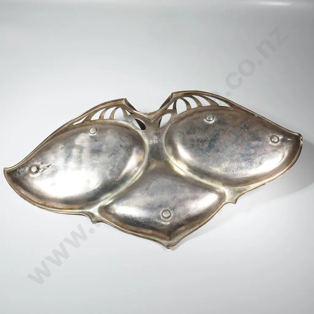 A WMF Silver Plated Jugendstil Segmented Tray, Featuring Asymmetrical Leaf Shaped Bowl & Arched Loop Handle Image 1++