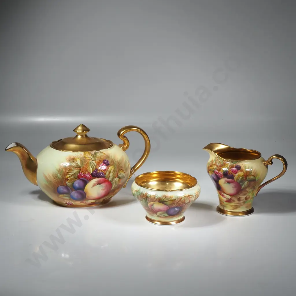 Aynsley Orchard Gold Three Piece Tea Set comprising Bullet Shaped Teapot, Milk Jug & Creamer. Teapot Signed D Jones Image 1++