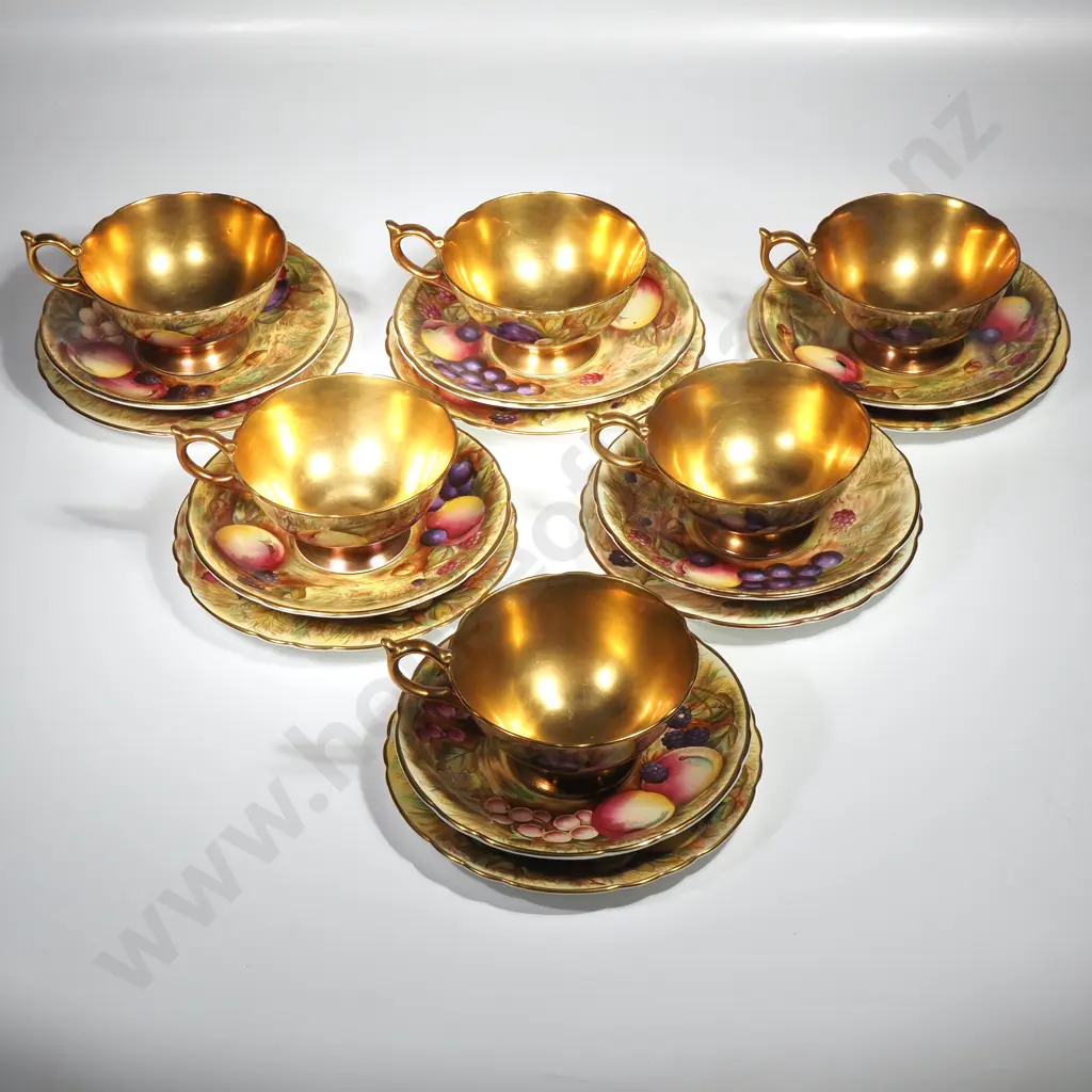 Set of Six Aynsley Cups,Saucers & Plates in the Orchard Gold Pattern. The Saucers Signed D Jones & Some Cups N Brunt Image 1++