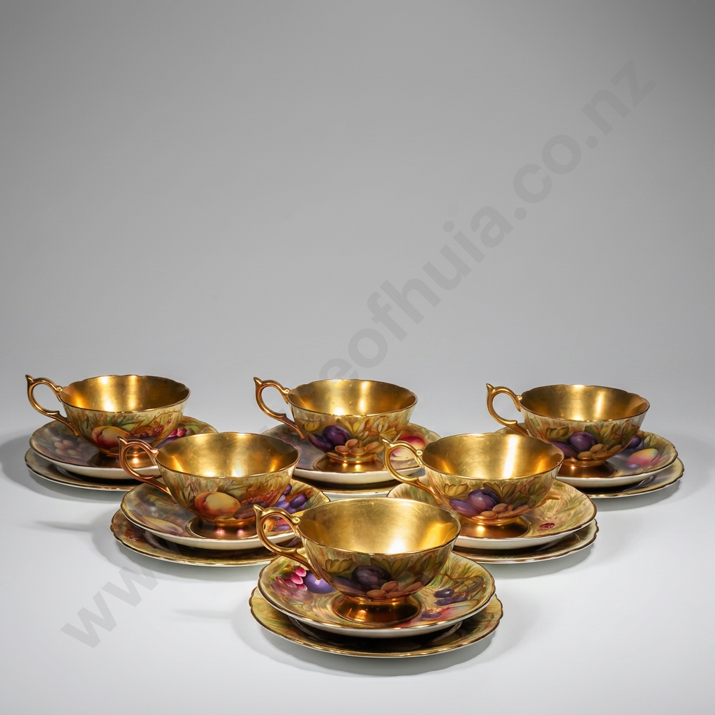 Set of Six Aynsley Cups,Saucers & Plates in the Orchard Gold Pattern. The Saucers Signed D Jones & Some Cups N Brunt Image 1++
