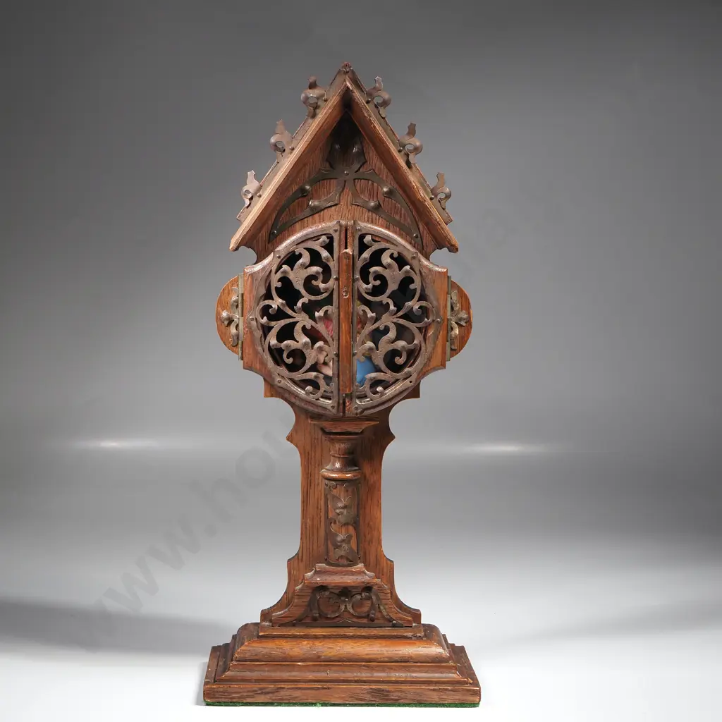 Antique Carved Timber Ecclesiastical Icon w Folding Door & Madonna & Child Porcelain Plaque Image 1++