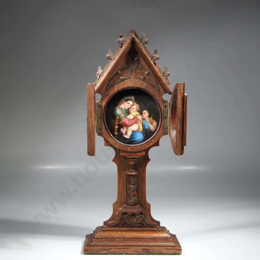 Antique Carved Timber Ecclesiastical Icon w Folding Door & Madonna & Child Porcelain Plaque Image 1++