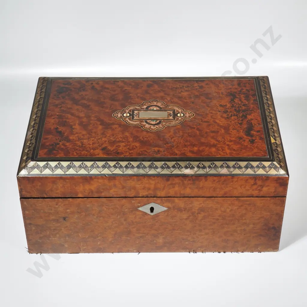 Napoleon III Marquetry & Burl Box, Edges w Intricate Brass Inlay, the Interior Lid Padded w Silk & an Oval Mirror Image 1++