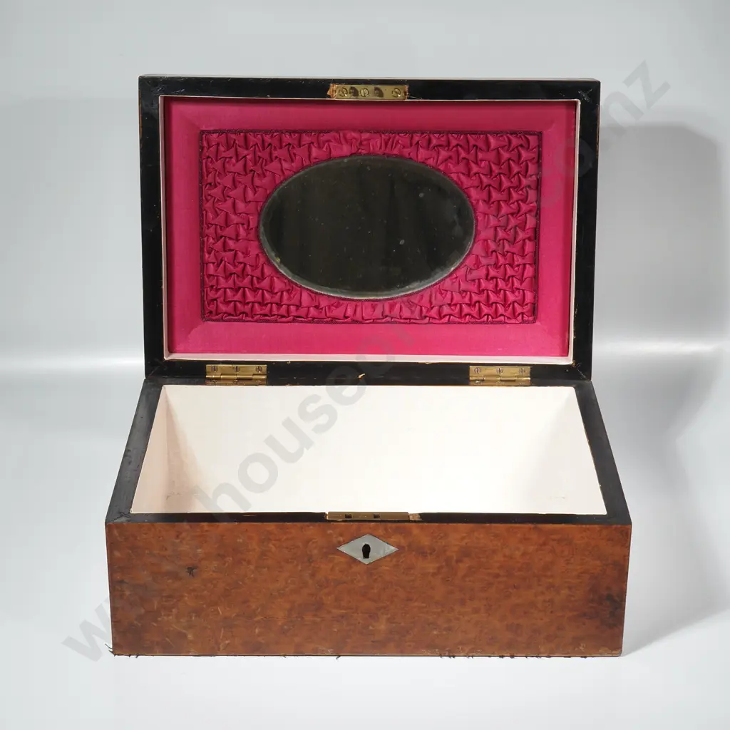 Napoleon III Marquetry & Burl Box, Edges w Intricate Brass Inlay, the Interior Lid Padded w Silk & an Oval Mirror Image 1++