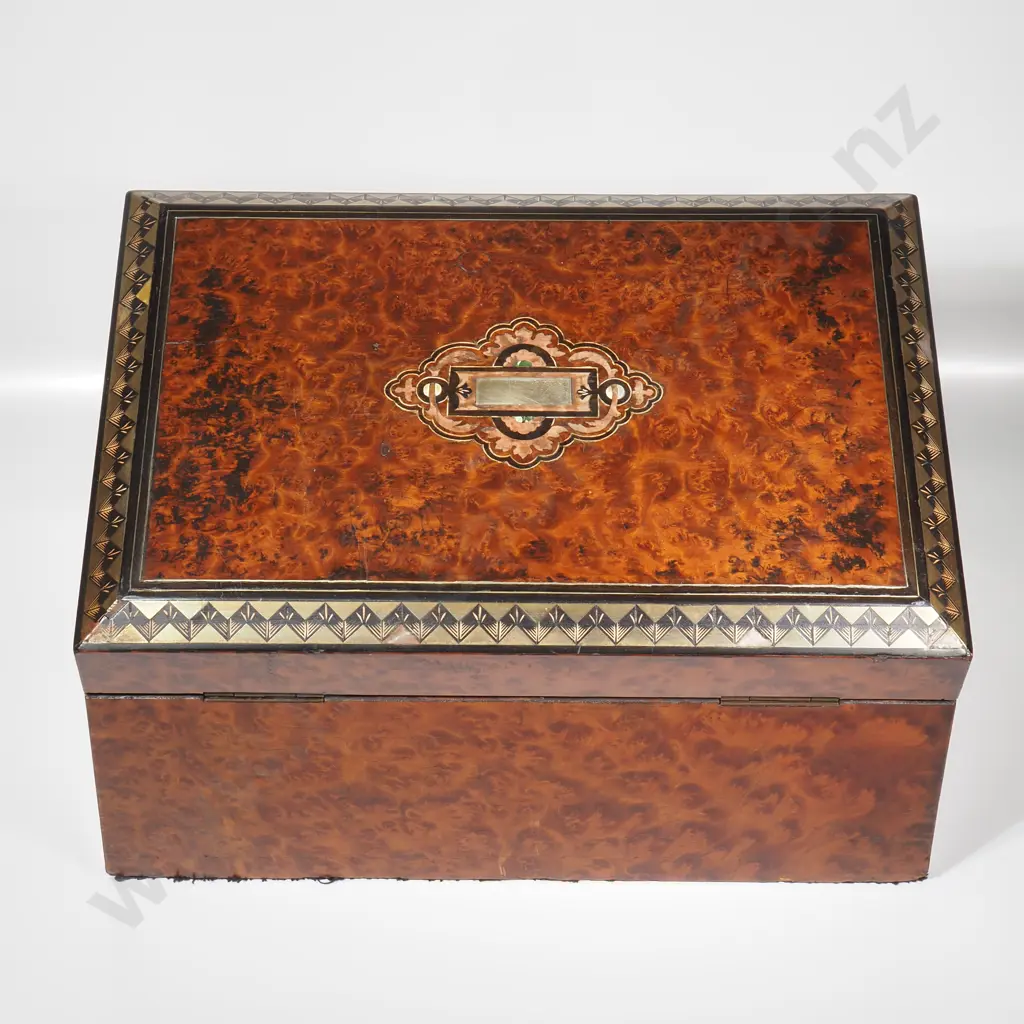 Napoleon III Marquetry & Burl Box, Edges w Intricate Brass Inlay, the Interior Lid Padded w Silk & an Oval Mirror Image 1++