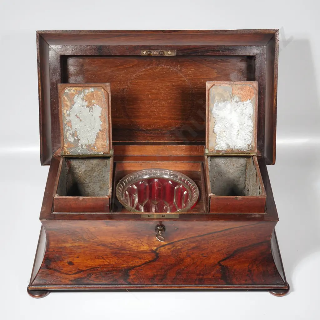 Large Rosewood Sarcophagus Shaped Tea Box w Triple Compartment Featuring Two Lidded Containers & Central Mixing Bowl Image 1++