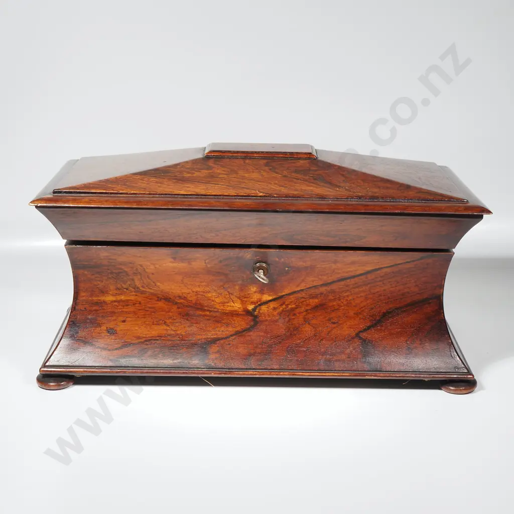 Large Rosewood Sarcophagus Shaped Tea Box w Triple Compartment Featuring Two Lidded Containers & Central Mixing Bowl Image 1++