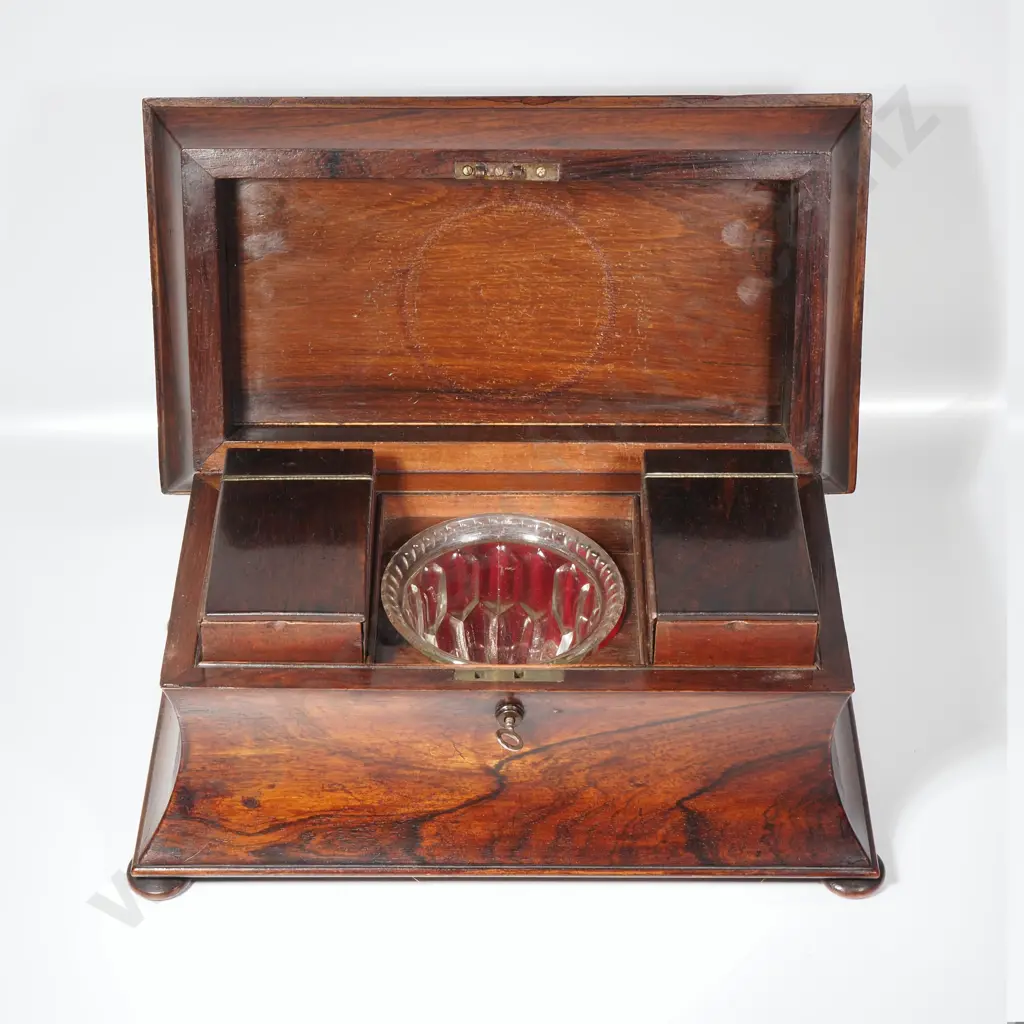 Large Rosewood Sarcophagus Shaped Tea Box w Triple Compartment Featuring Two Lidded Containers & Central Mixing Bowl Image 1++