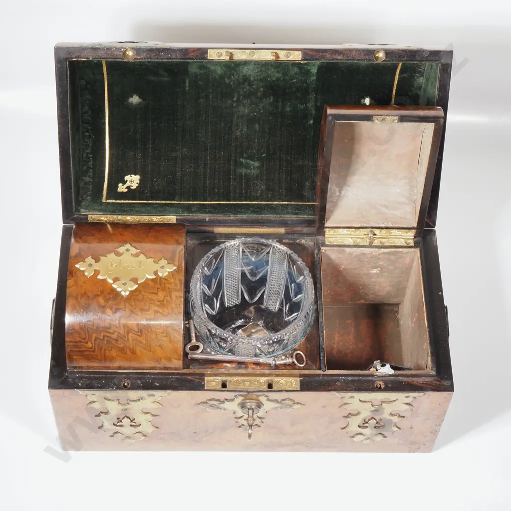 Quality Victorian Decorative Brass Bound Burr Walnut Domed Tea Caddy Chest With Key. Image 1++