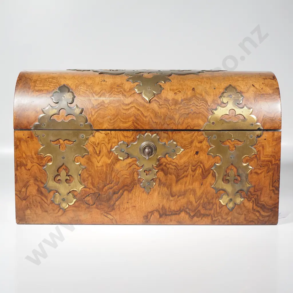 Quality Victorian Decorative Brass Bound Burr Walnut Domed Tea Caddy Chest With Key. Image 1++