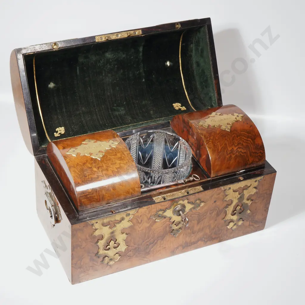Quality Victorian Decorative Brass Bound Burr Walnut Domed Tea Caddy Chest With Key. Image 1++