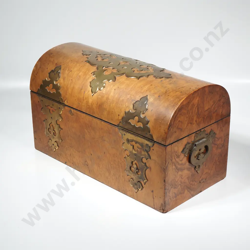Quality Victorian Decorative Brass Bound Burr Walnut Domed Tea Caddy Chest With Key. Image 1++