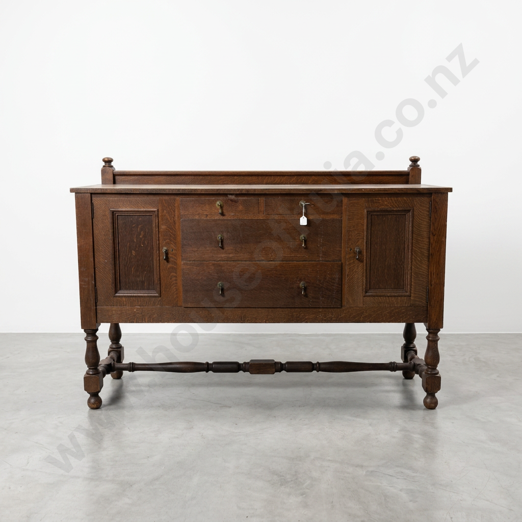Vintage English Oak Buffet w Three Central Drawers Flanked by Cupboards Image 1++