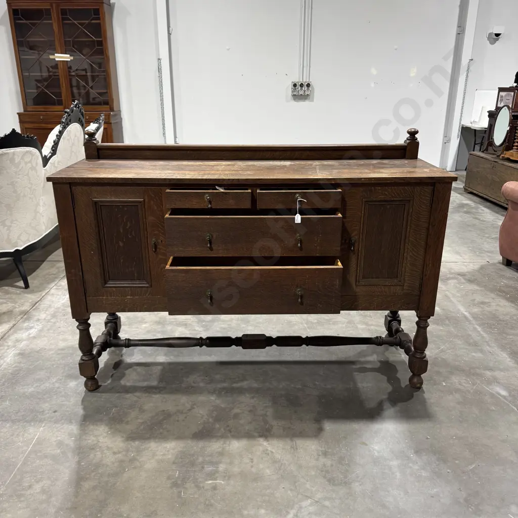 Vintage English Oak Buffet w Three Central Drawers Flanked by Cupboards Image 1++