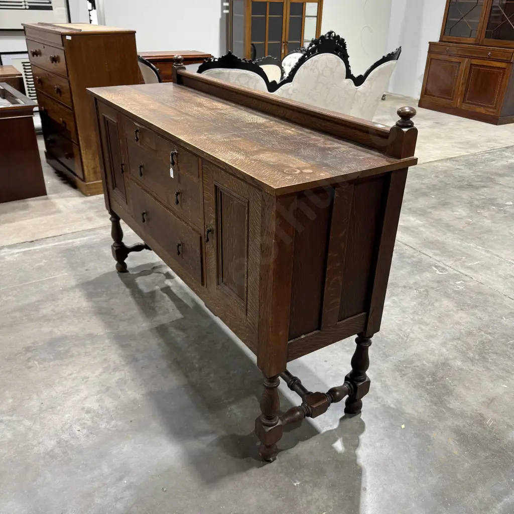 Vintage English Oak Buffet w Three Central Drawers Flanked by Cupboards Image 1++