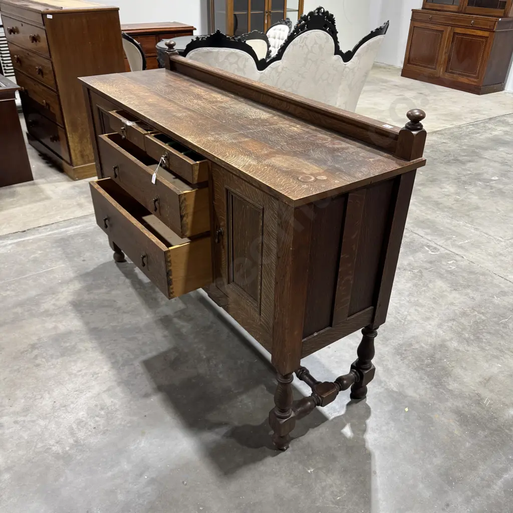 Vintage English Oak Buffet w Three Central Drawers Flanked by Cupboards Image 1++