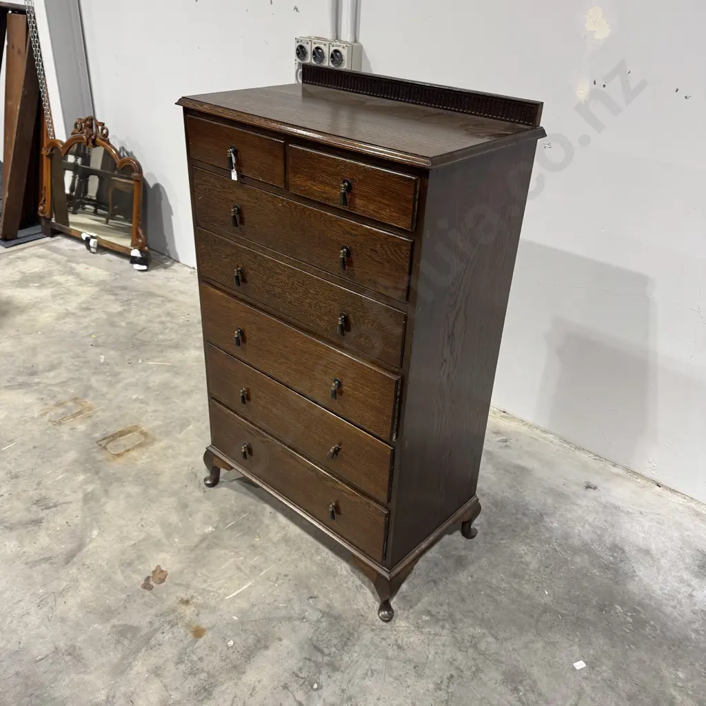 Queen Anne Style Oak Tallboy w Seven Graduated Drawers & Drop Handles on Cabriole Legs Image 1++