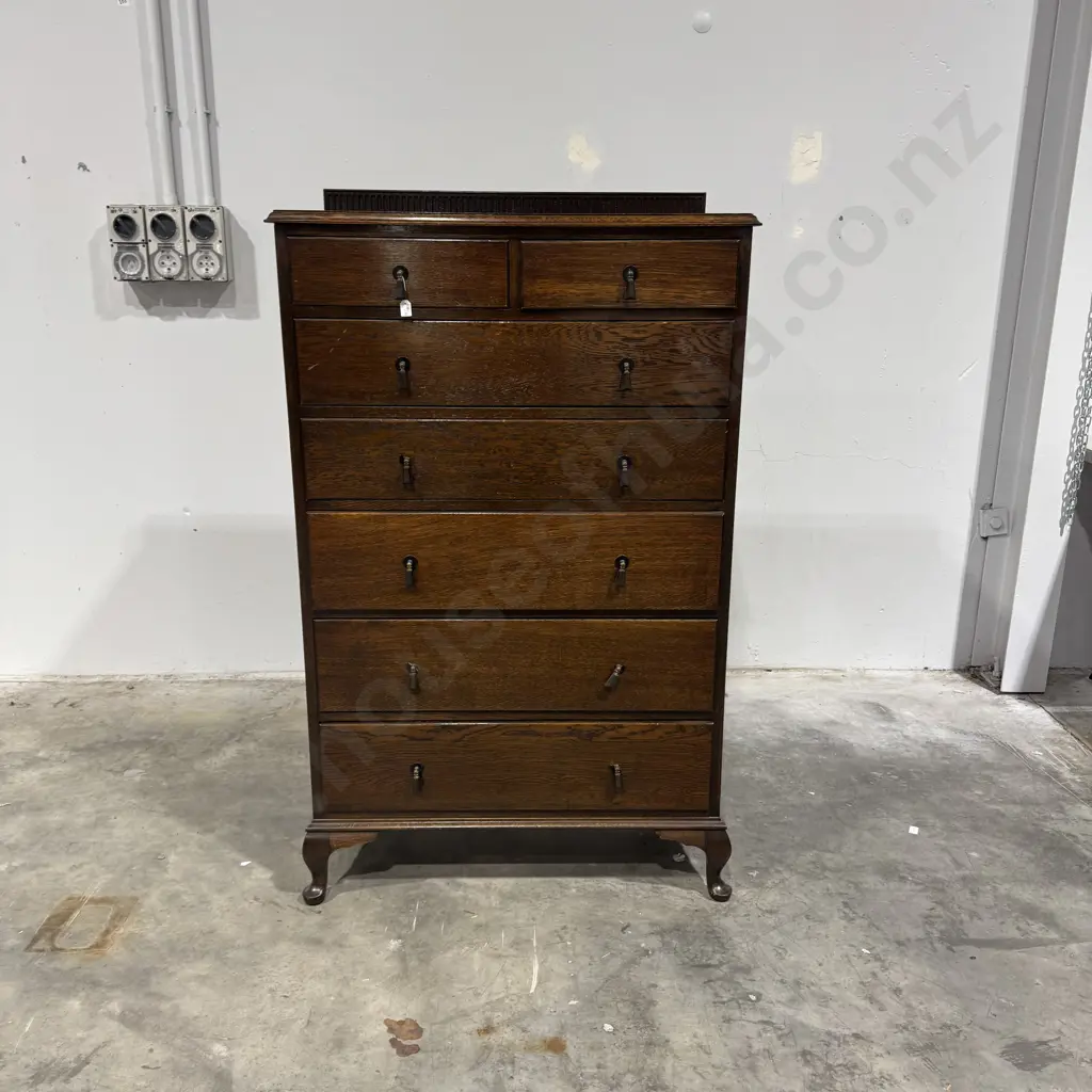 Queen Anne Style Oak Tallboy w Seven Graduated Drawers & Drop Handles on Cabriole Legs Image 1++