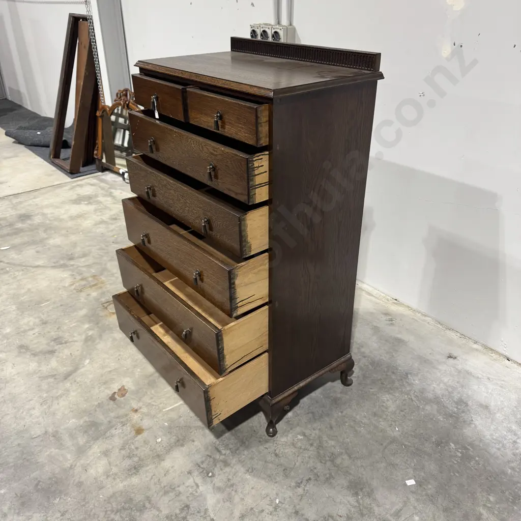 Queen Anne Style Oak Tallboy w Seven Graduated Drawers & Drop Handles on Cabriole Legs Image 1++