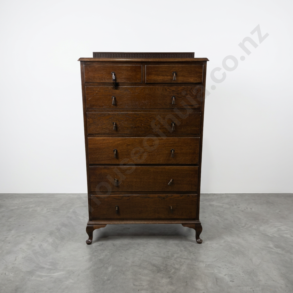Queen Anne Style Oak Tallboy w Seven Graduated Drawers & Drop Handles on Cabriole Legs Image 1++
