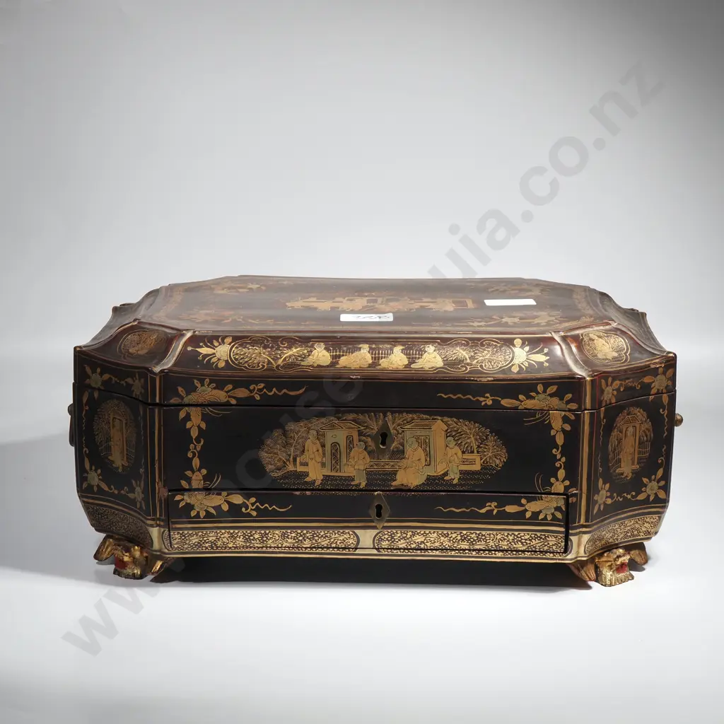 Antique Chinese Lacquer ladies Workbox w Ivory Sewing Accoutrements A/F Image 1++