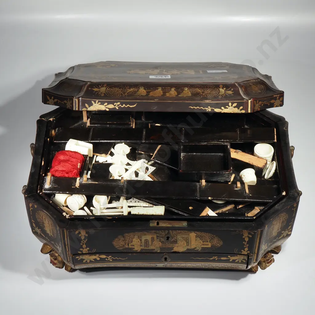 Antique Chinese Lacquer ladies Workbox w Ivory Sewing Accoutrements A/F Image 1++