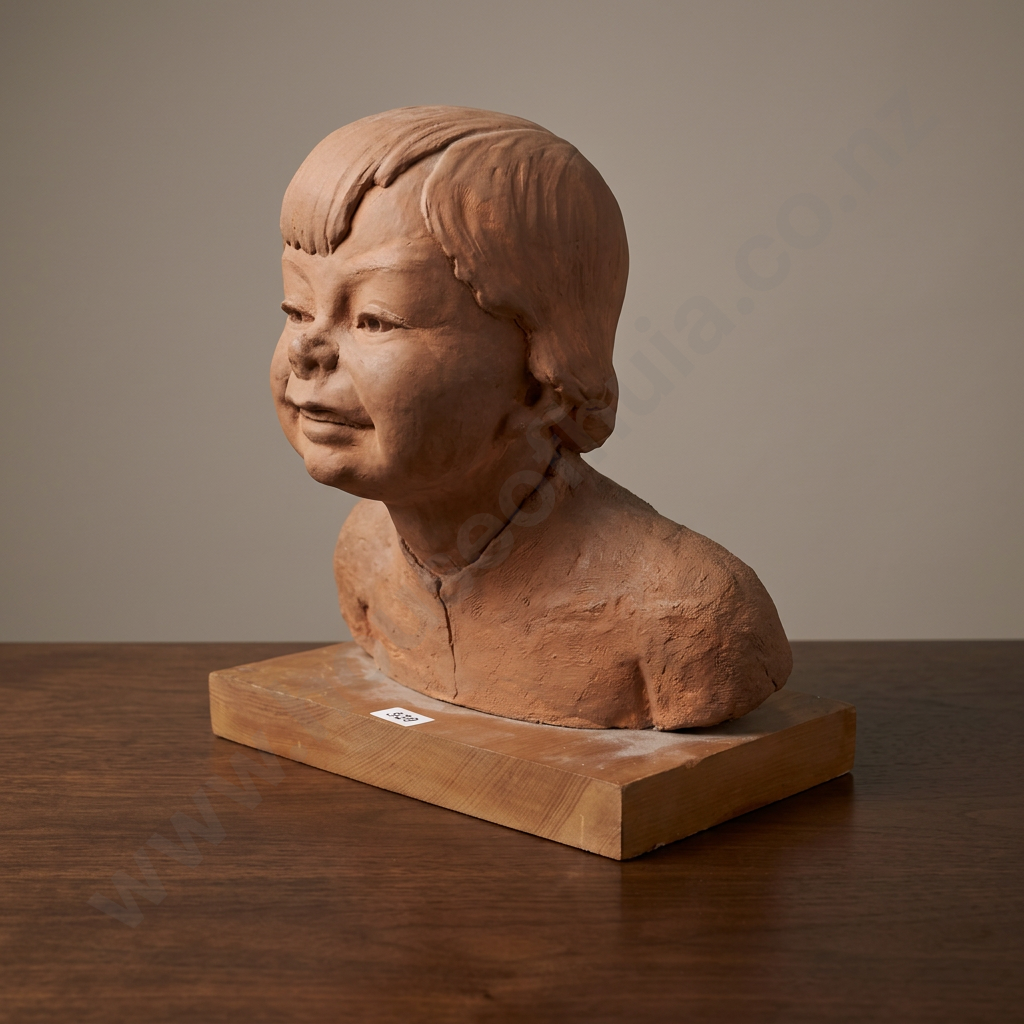 Hand Crafted Terracotta Clay Bust Sculpture Representing the Portrait of a Young Child on a Wooden Base Image 1++