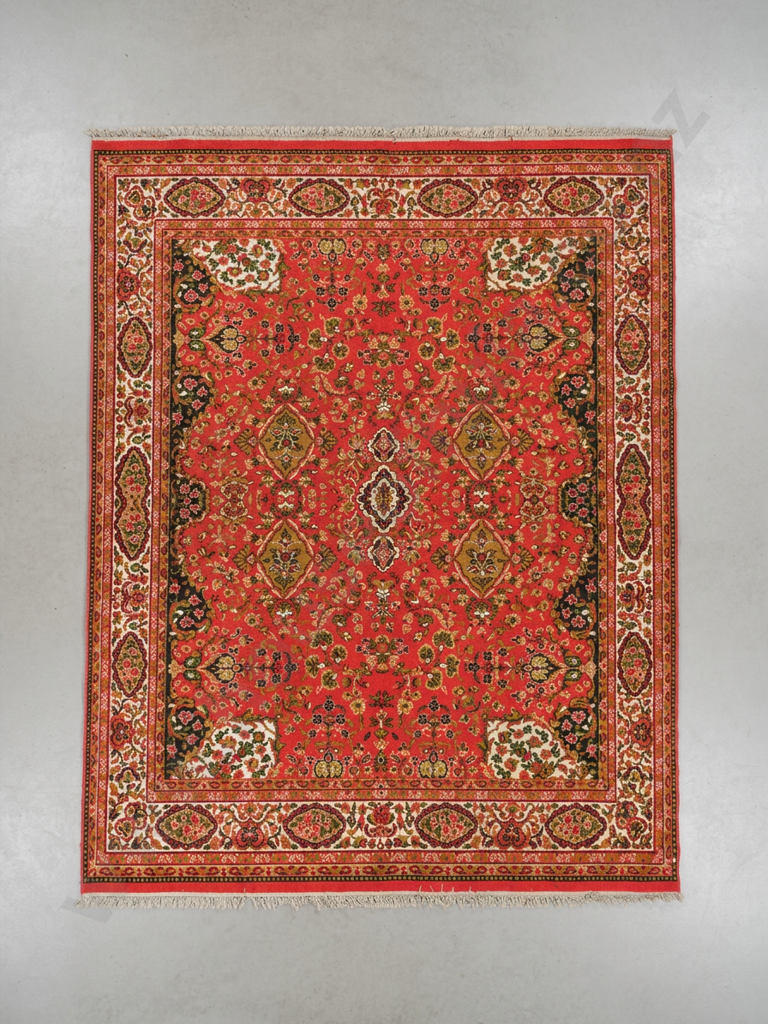 Vibrant Red Oriental Style Rug w Medallions & Floral Motifs & Cream, Green & Black Accents Image 1++
