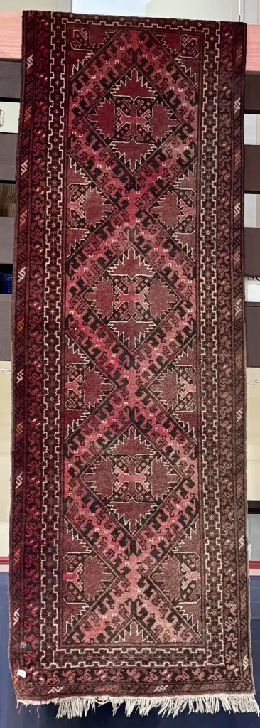 Vintage Afghan Hand Knotted Baluchi Runner w a Deep Red & Black Diamond Pattern Image 1++