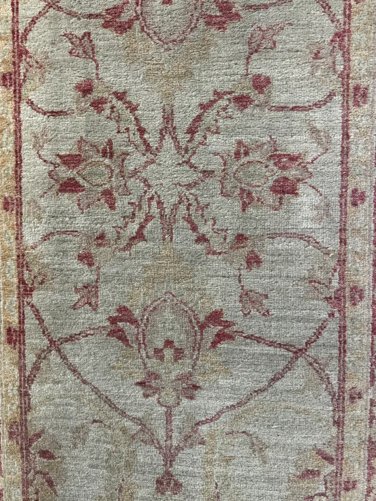 Vintage Woollen Runner from Pakistan w Beige Field & Red Floral Motifs Image 1++