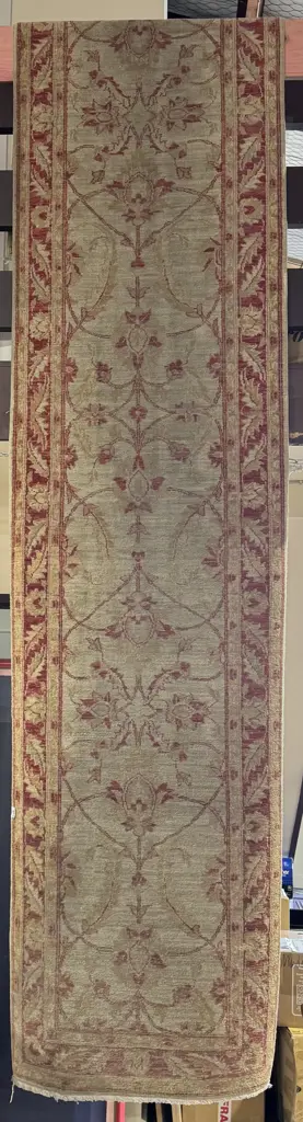 Vintage Woollen Runner from Pakistan w Beige Field & Red Floral Motifs Image 1++