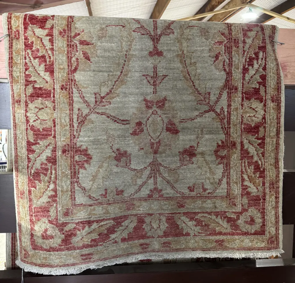 Vintage Woollen Runner from Pakistan w Beige Field & Red Floral Motifs Image 1++
