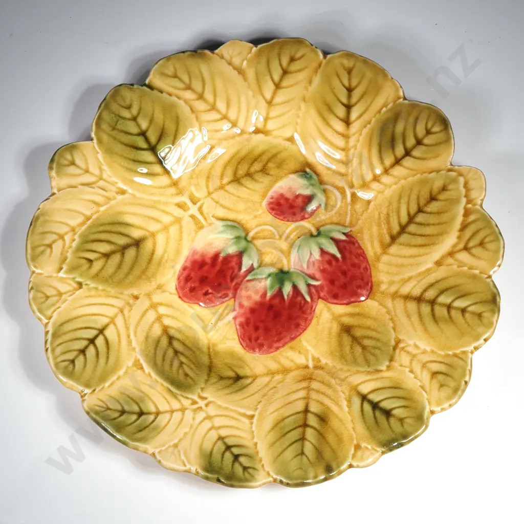 French Sarreguemines Plate w Raised Strawberry & Leaf Decoration Image 1++