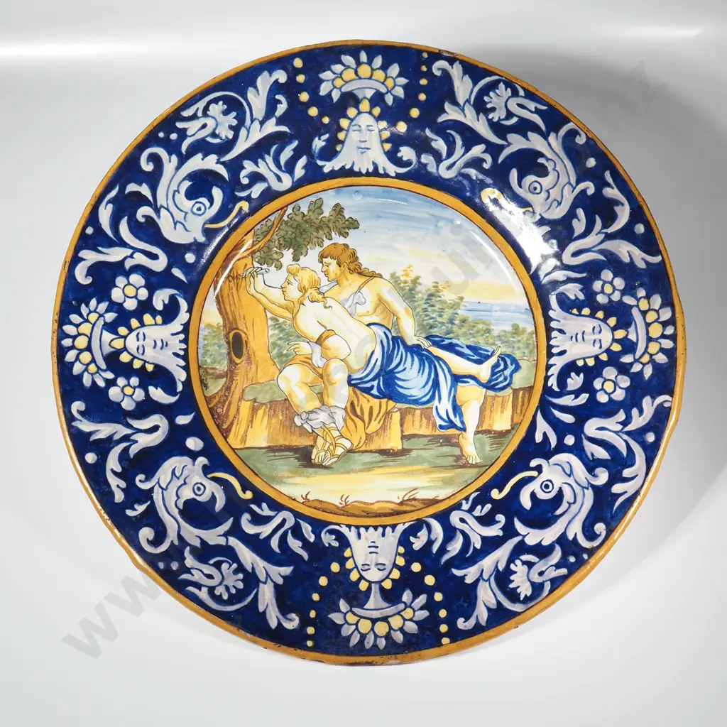 19th Century Renaissance Revival Maiolica Charger w Central Mythological Scene & Cobalt Blue & Yellow Border Image 1++