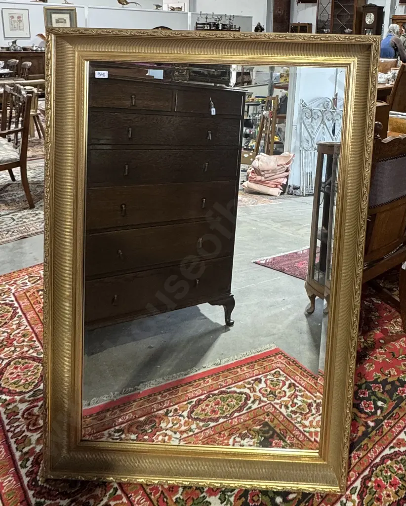 Large Rectangular Gilt Framed Mirror w Bevelled Edge, Rim w Scrolling & Vertical Reeding Image 1++
