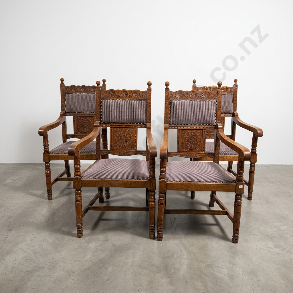 Four Oak Carvers in the Jacobean Revival Style w Rosette Motifs to Back Panel & Top Rail Image 1++