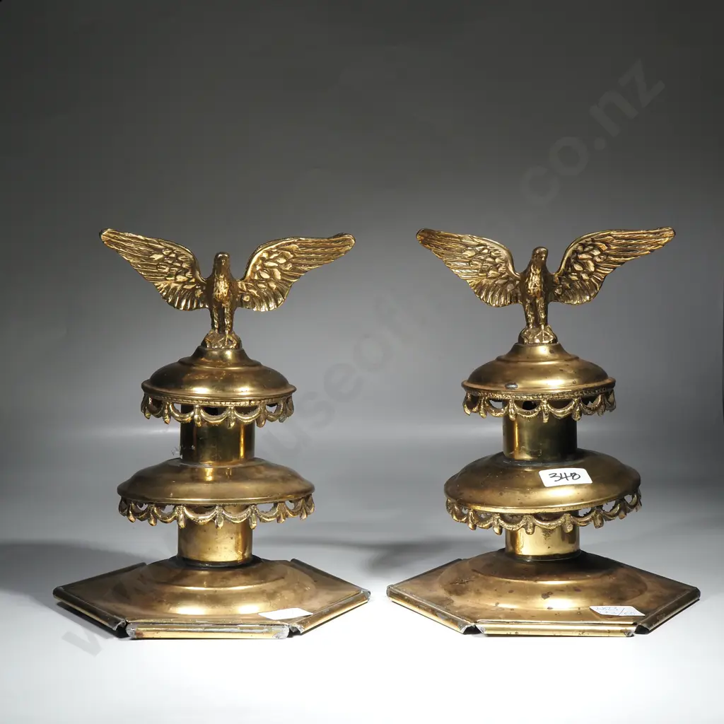 A Pair of Vintage Brass Carriage Lantern tops w Eagles Image 1++