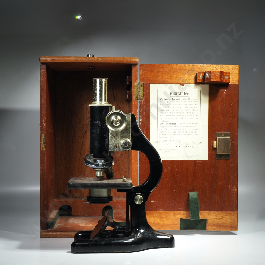 Vintage Monocular Microscope Produced by WR Prior & Co, Ltd w Original Wooden Storage Case Image 1++