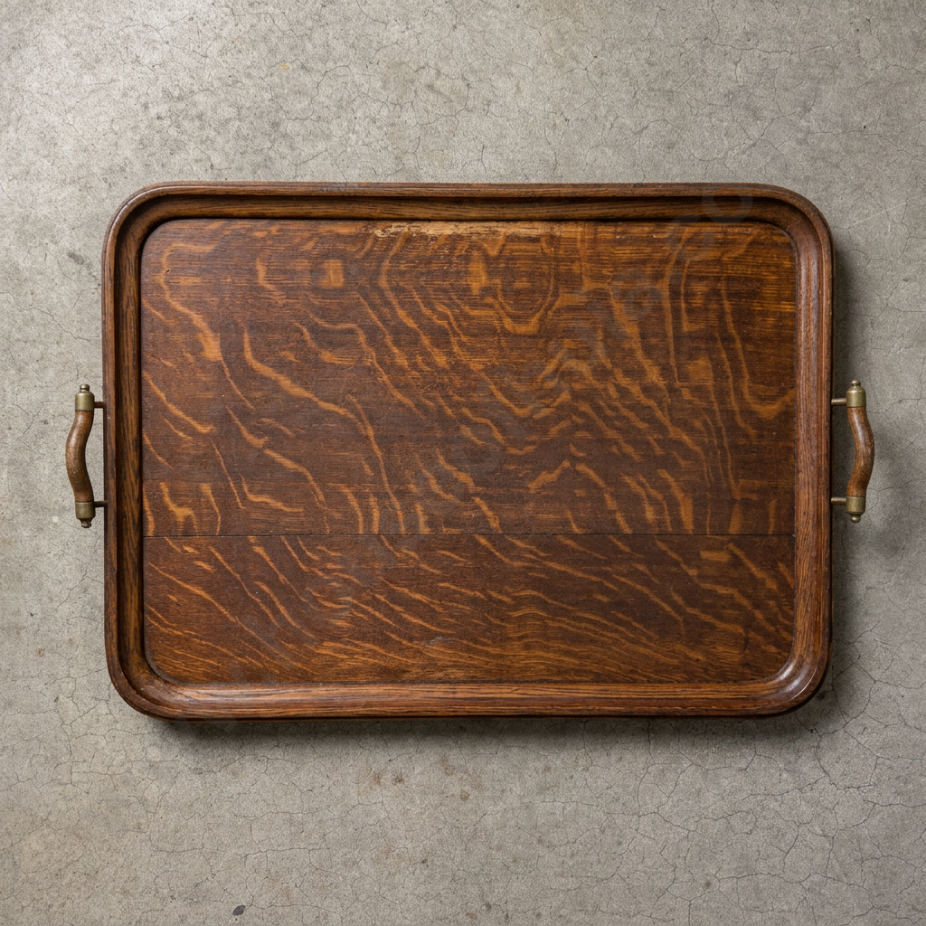 Antique Tiger Oak Serving Tray w Brass Mounted Oak Handles Image 1++