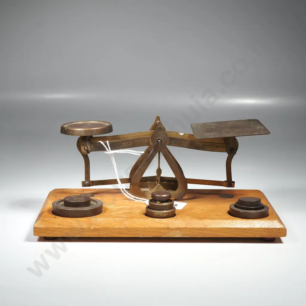 Set of Antique Postal Scales on a Wooden Base & Complete w Weights Image 1++